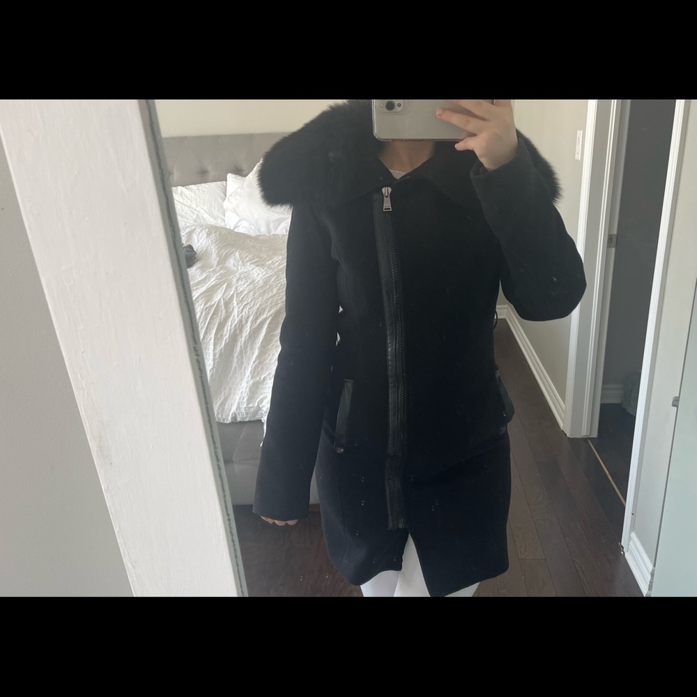 Wool jacket with fur hood lining and Asymmetrical zip up